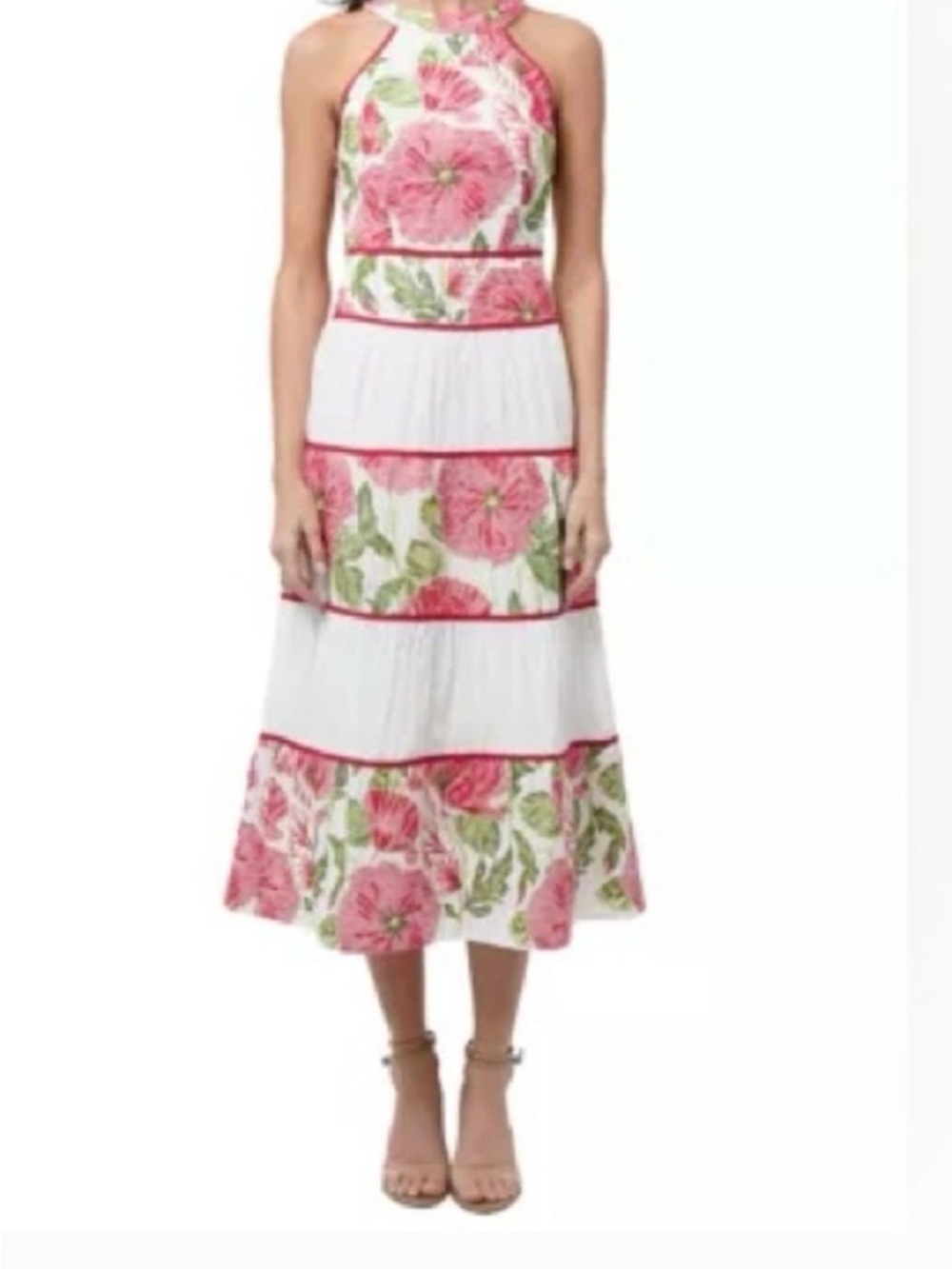 NWT Adelyn Rae Sz S Haven Floral Embroidered Halter Dress Ivory Red Cotton